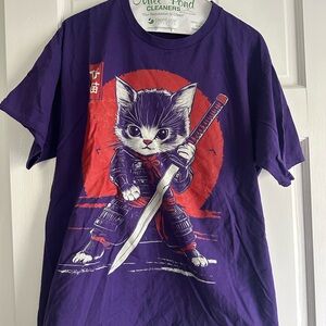 Purple Samurai Cat Graphic T-Shirt